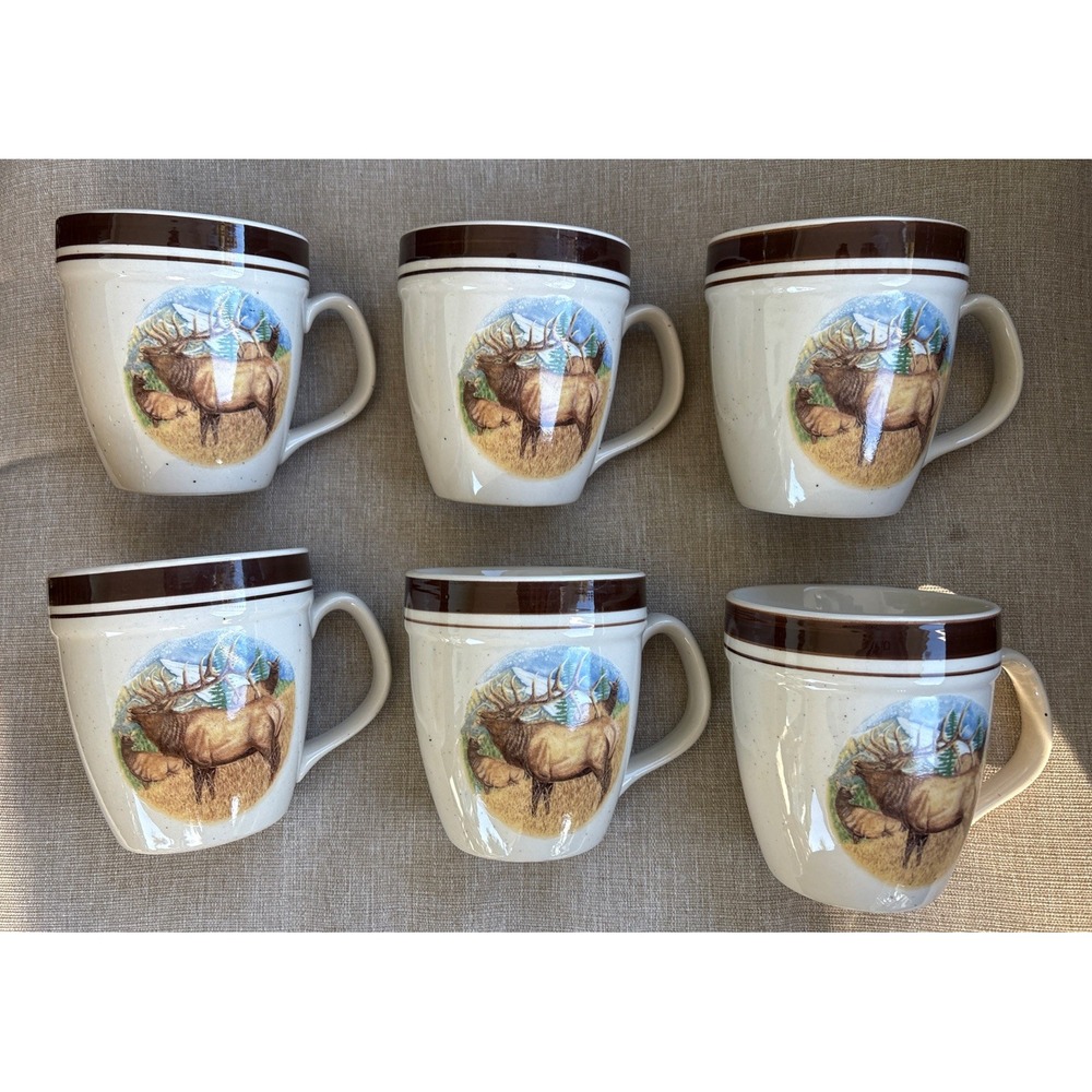 6 Cabela's Folkcraft Stoneware Bugling Elk Large Coffee Mugs Cabin Hunting VTG